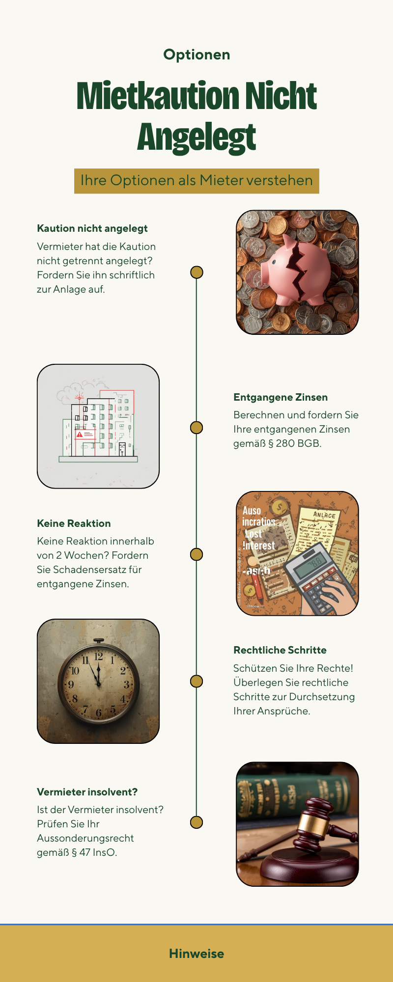 Infografik: Ablauf und Folgen wenn der Vermieter die Mietkaution nicht ordnungsgem&auml;&szlig; anlegt &ndash; Rechte des Mieters, Schadensersatz und Insolvenzrisiko